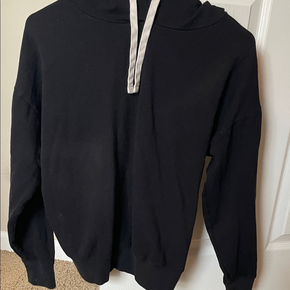 Women’s Black Hooded Pullover Sweater with Contrast Drawcord